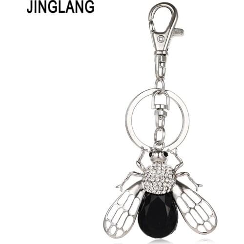 JINGLANG Silver Color Metal Keyring Dangle 3D White Crystal Insect Animal Charms Key Chains For Men Pendant Jewelry