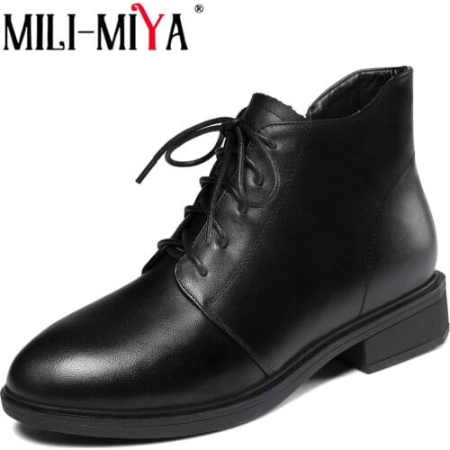 MILI-MIYA New Classic Women Motorcycle Ankle Boots Ladies Genuine Leather Lace Up Zipper Rubber Ladies Round Toe Casual Shoes