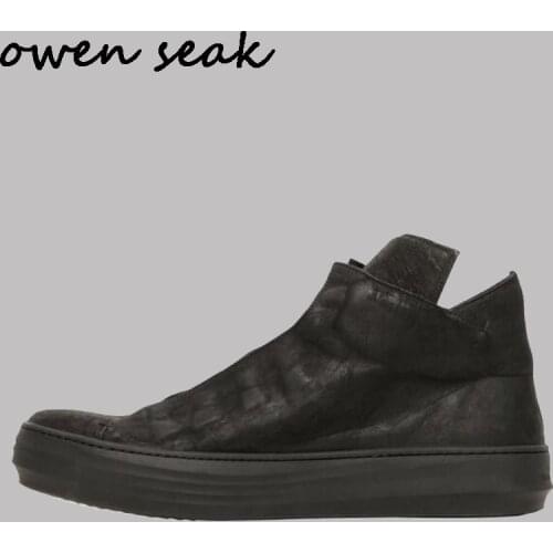 Owen Seak Men Shoes High-TOP Ankle Boots Genuine Leather Sneaker Luxury Trainers Villus Boots Casual Lace-up Flat Black Shoes