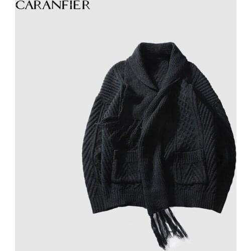 CARANFIER Mens Pullover Sweater Warm Autumn Winter Knit Scarf Coat Hook Pattern LongSleeve Wool Cardigan Men Leisure Turtleneck
