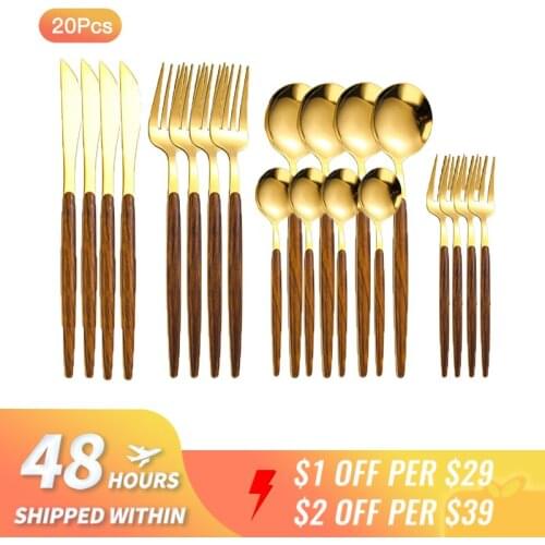 16-30PCS Gold Cutlery Set Silverware Tableware For Kitchen Gadget Sets Dishwasher Dinner Wooden Handle Dessert Coffee Lunch