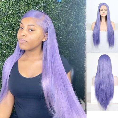 AIMEYA Purple Silky Straight Synthetic Lace Front Wig With Middle Part High Temperature Cosplay Wig for Women Purple Wig