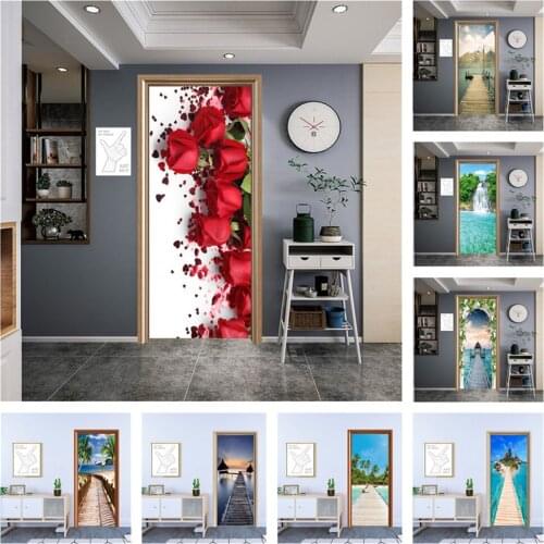 Scattered Roses Romantic Home Decor Wall Stickers Flower Seaside Wooden Bridge Beach Scenery Door Sticker PVC Self Stick Mural