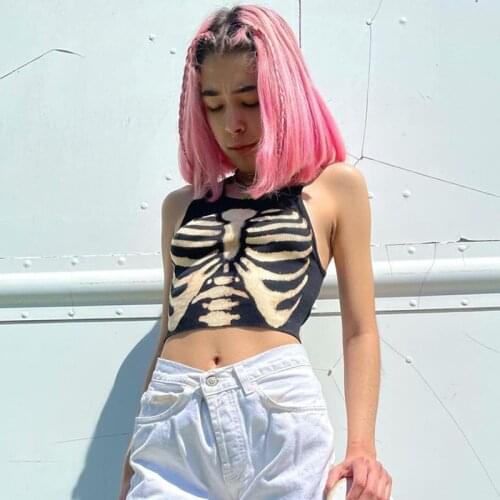 Skull Printed Knitted Crop Top Y2K Aesthetic Grunge Graphic Camis Goth Corset Tops Women Harajuku Tee Vintage Streetwear Clothes