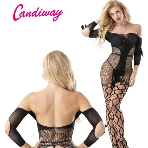 Sexy Lingerie Fishnet Passion open Crotch Bodystocking long sleeve interior erotica hollow our bowknot Lace mesh pantyhose