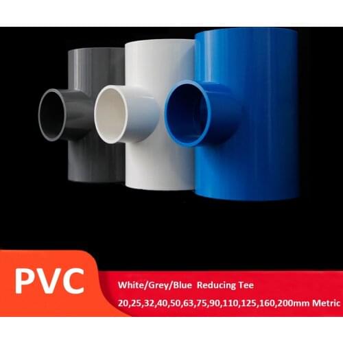 1Pcs PVC Reducing Tee ID 20,25,32,40,50,63,75,90,110,125,160,200mm Metric Solvent Weld Pipe Fitting Aquarium Pond Garden DIY