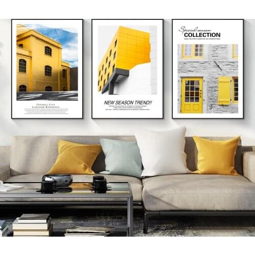 Modern Yellow Building Landscape Canvas Painting Blue Sky Wall Art Poster Print Nordic Trendy Picture for Living Room Decor