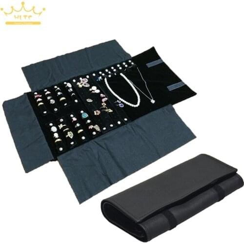 Jewelry Roll Bag Portable Carring Case Black PU Leather Organizer Multi Functional Necklace Rings Earrings Storage Box