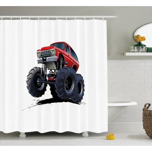 Truck Shower Curtain Extreme Off Road Vehicle Cartoon Style Monster Truck Motorsports Illustration Waterproof Bath Curtains