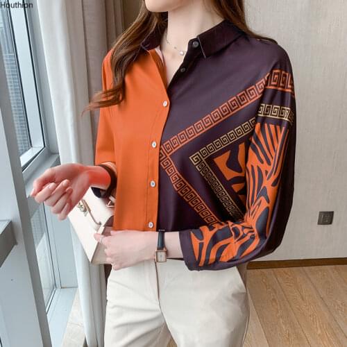 Silk Womens Blouse Print Polo Girls Shirt Fashion Loose Casual Summer Plus Size Long Sleeve Top Chiffon Lady Blusas Houthion