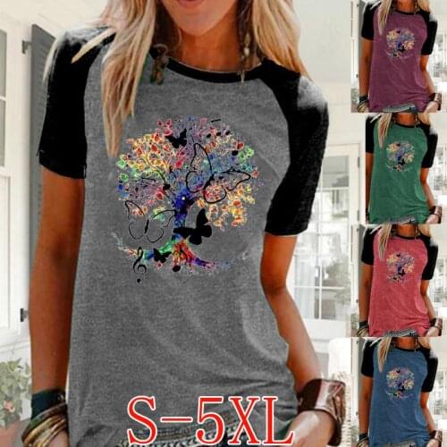 Womens Summer New Fashion Music Tree Printed T-shirt Short Sleeve Round Collar Tops Ladies Casual Plus Size Blouse Tops