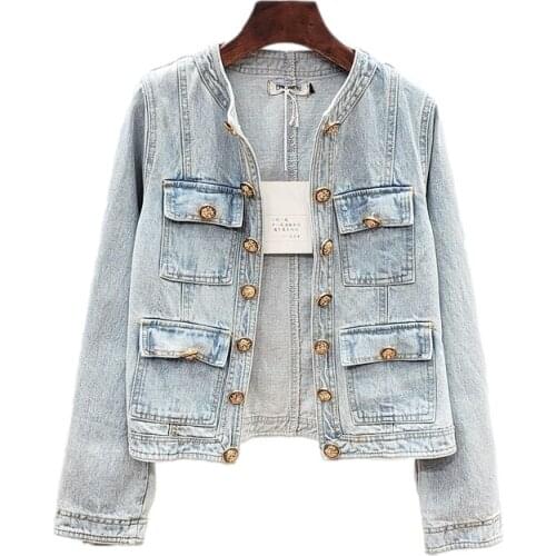 Autumn Vintage Washed Blue Denim Jackets Women Long Sleeve Slim Short Outerwear O-Neck Double Breasted Jeans Jacket Coat Female
