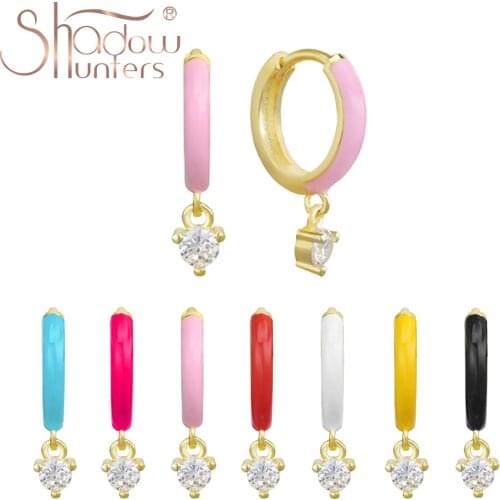 SHADOWHUNTERS Trendy 925 Sterling Silver Women Emamel Hoop Earrings With Dangle Zircon Neon Huggies Statement Jewelry Pink Blue