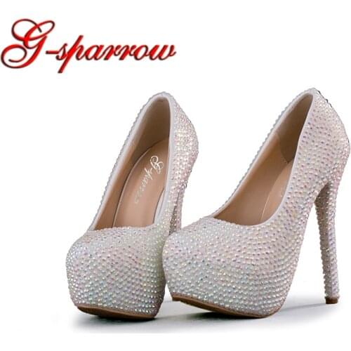 Bling Crystal High Heels Wedding Shoes Woman White AB Rhinestone Bridal Dress Shoes Platform Matric Graduate Farewell Pumps