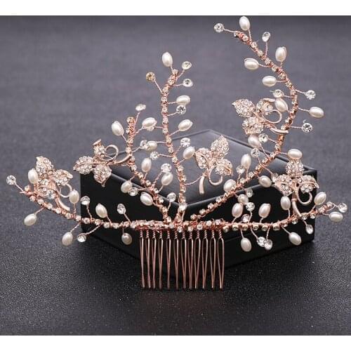 Vintage Rose Gold Crystal Pearl Wedding Hair Combs Hair Accessories Handmade Women Bridal Headpiece Hair Ornaments Jewelry