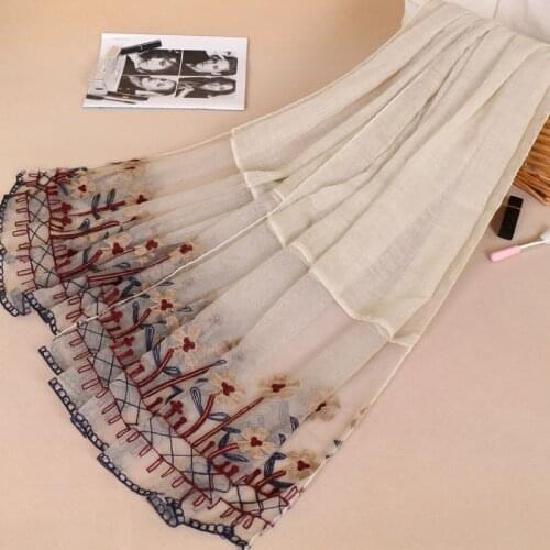 Women Embroidery Flower Lace Scarf Hijab Cotton Big Size Shawls Muslim Pashmina Wraps High Quality Headband 200*95cm 1PC Retail