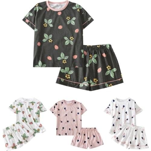 Women Summer 2 Piece Pajamas Set Sweet Heart Strawberry Print Short Sleeve Pullover Tops Shorts Loose Cotton Lounge Sleepwear