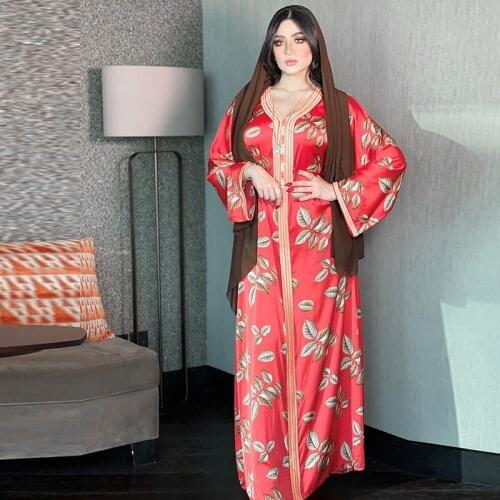 Women Arab Dubai Jalabiya Abaya Floral Print Middle East Dresses Loose Plus Size Maxi Loose Arabic Islamic Muslim Clothes