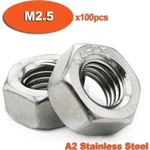 100pcs DIN934 M2.5 Stainless Steel Nuts A2 Hexagon Hex Head Nut