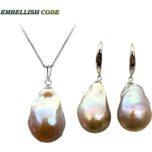 2018 purple golden Simple baroque pearl pandent necklace hook dangle earrings set nucleated fire ball style box chain 16'' 18