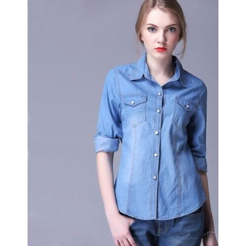 2018 Fashion Plus Size Denim Shirt Women Long sleeve Turn-Down Collar Blouse Jeans Female Cowboy Shirts Femme