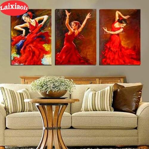 3 pcs round square diamond embroidery dance red dress beauty Diy full diamond painting stitch cross mosaic picture rhinestones