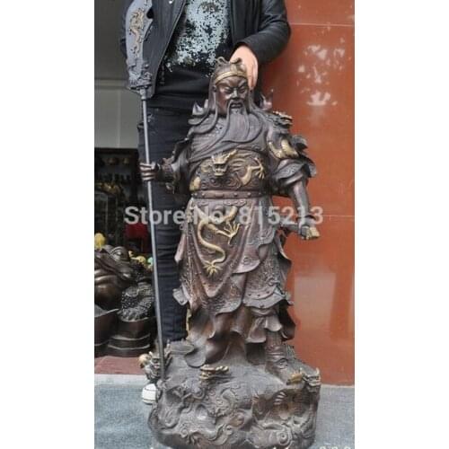 Bi001303 37" Chinese Bronze gilt 9 Dragon Warrior guan gong guan yu God Hold Sword Statue