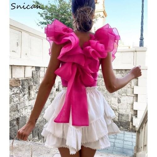 Summer blouse women transparent organza pink puff ruffle sleeve back bow blouse sexy slim short tops female camisetas mujer za