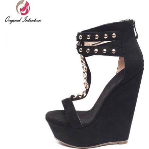 Original Intention Super Sexy Women Sandals Popular Chains Wedges Sandals Fashion Black Shoes Woman US Size 4-15