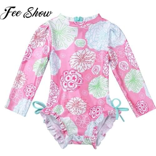 FEESHOW Baby One-piece Swimsuit Bathing Girls Clothes Dress Summer Long Sleeve Dress Toddler Floral Printed Swimwear for Girls