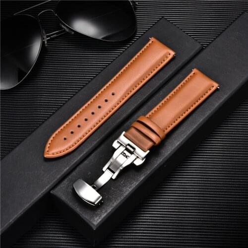Business Casual Calfskin Leather Watchband 18mm 20mm 22mm 24mm Straps with Solid Automatic Butterfly Buckle Bracelet Watch Band