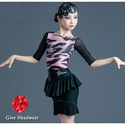Kids Latin Dresses New Leopard Black Latin Dance Skirt Tassels Professional Latin Practice Clothes Girls Samba Dance Wear BL5013