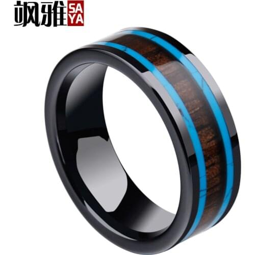 2017 New Arrival 8mm Width Black Ceramic Ring for Man High Polished Inlay Koa Wood and Blue Stones Mans Fashion Jewelry