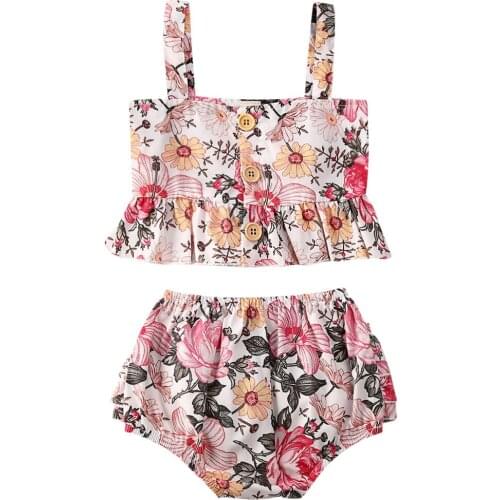 Infant Girls Kids Clothes Sets Flowers Print Sleeveless Vest Tops+Ruffles Shorts Summer Outfits