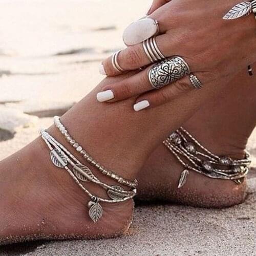 KMVEXO 2018 New Fashion Multilayer Retro Bohemia Round Leaves Anklet Beach Foot Jewelry Pull Bead Boho Anklet Bracelet For Women