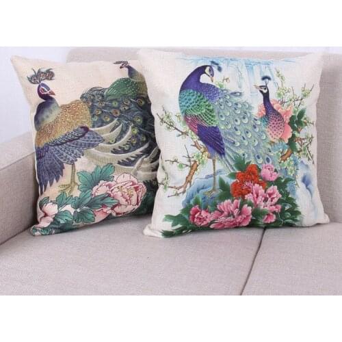Peacock Cushion Cover Cotton Linen Decorative Pillowcase Chair Seat Square 45x45cm Pillow Cover Home Living Textile