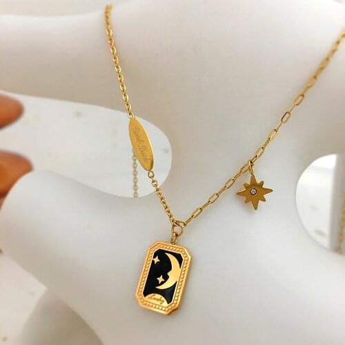 Monlansher Byzantine Stars Moon Pendant Necklace Titanium Steel Chain Black Enamel Pendant Necklaces Vintage Necklaces Jewelry
