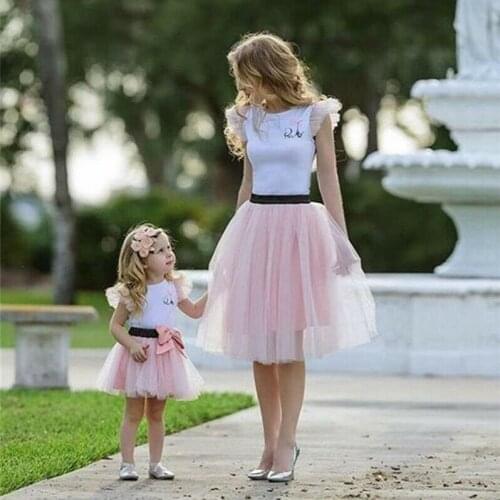 Mother Daughter Casual Summer T-shirt Skirt Tulle Dress Matching Outfits Tutu Skirt Outfits Set Holiday Party Dress