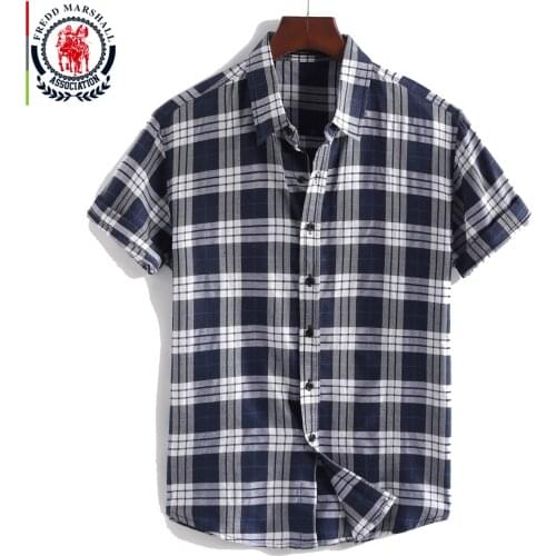 FREDD MARSHALL 2021 Summer New Plaid Shirt Men Casual Short Sleeve Button Down Business Shirts Male Cotton Dress Shirt Tops 5104