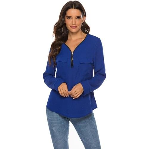 NEW Spring Autumn Long Sleeve Shirt Women Blouse Black Elegant Zipper V Neck Shirts With Pockets Solid Womens Tops And Blouses