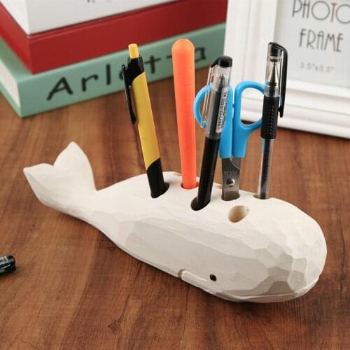 Hand Carved White Whale Animal Porous Pen Holder Creative Office Storage Wooden Pen Holder Pen Holder