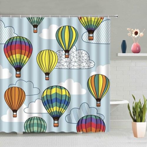 Hot Air Balloon Cloud Pattern Shower Curtains Blue Sky Lavender Daisy Flowers Butterfly Natural Scenery Waterproof With Hooks