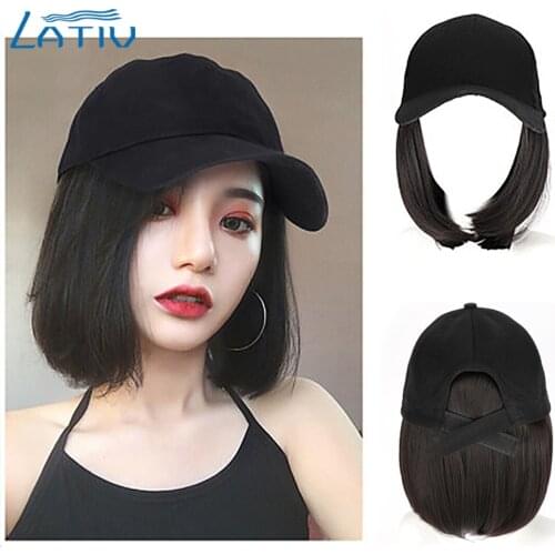 Lativ Synthetic Short Wavy baseball wig Black bob Wig White hat wigs cap with Hair Naturally Connect Baseball Cap Adjustable