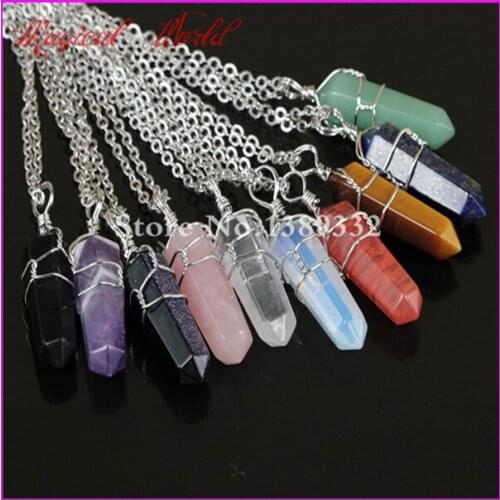 Mix Natural Gems Stone Point Pendant Necklace Wire Wrapped Cherry /Crystal/Blue Sand/ Druzy Pendant Necklace