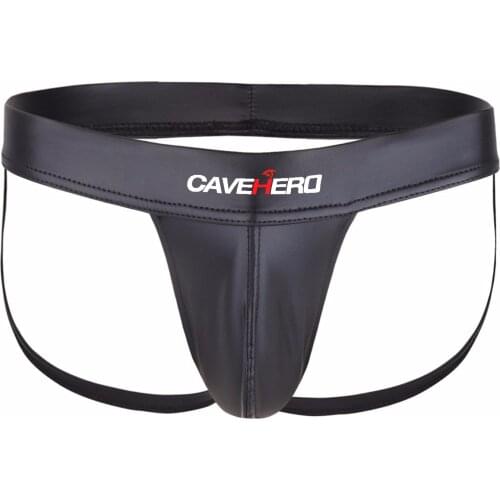 Faux Leather Thongs Sexy Mens Black G-String Imitation Leather Jockstrap Underwear PU Leather Open Butt penis pouch bikini