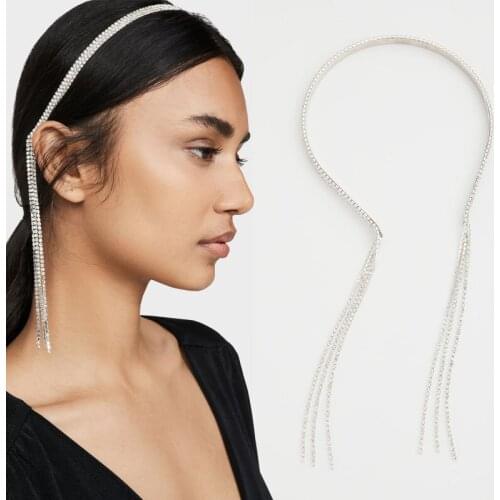 Bridal Rhinestone Tassel Headband for Women Alloy Fake Earrings Headband Crystal Hair Chain Headpiece Wedding Jewelry