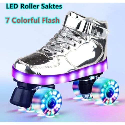 LED Flashing Roller Skates 4-Wheel PU Skates For Adult Kids USB Luminous Recharge Sneakers Hockey Double Row Pulley Shoes Light