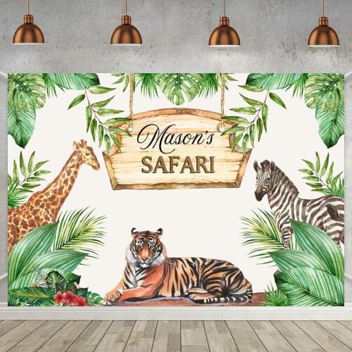 Cartoon Animals Safari Party Backdrop Tropical Forest Leaves Tiger Zebra Kids Birthday Decor Photo Background Vinyl