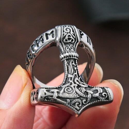 Vintage Mjolnir Thors Hammer Trinity Knot Ring Mens Stainless Steel Viking Rune Ring Punk Norse Amulet Jewelry Gift Wholesale