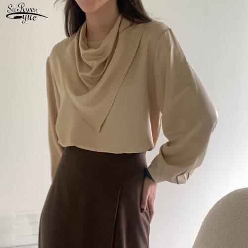 Autumn New Korean Loose Solid Color Chiffon Blouse Women Scarf Collar Detachable Shirt Plus Size Tops Chemisier Femme 12428